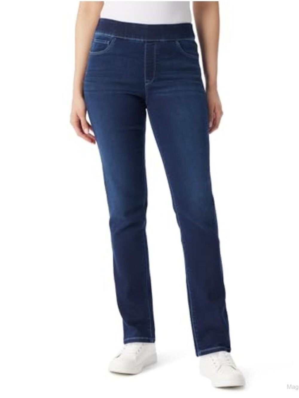 Women's High Rise Pull On Jeans Knit Denim Straight Leg 5 Pocket